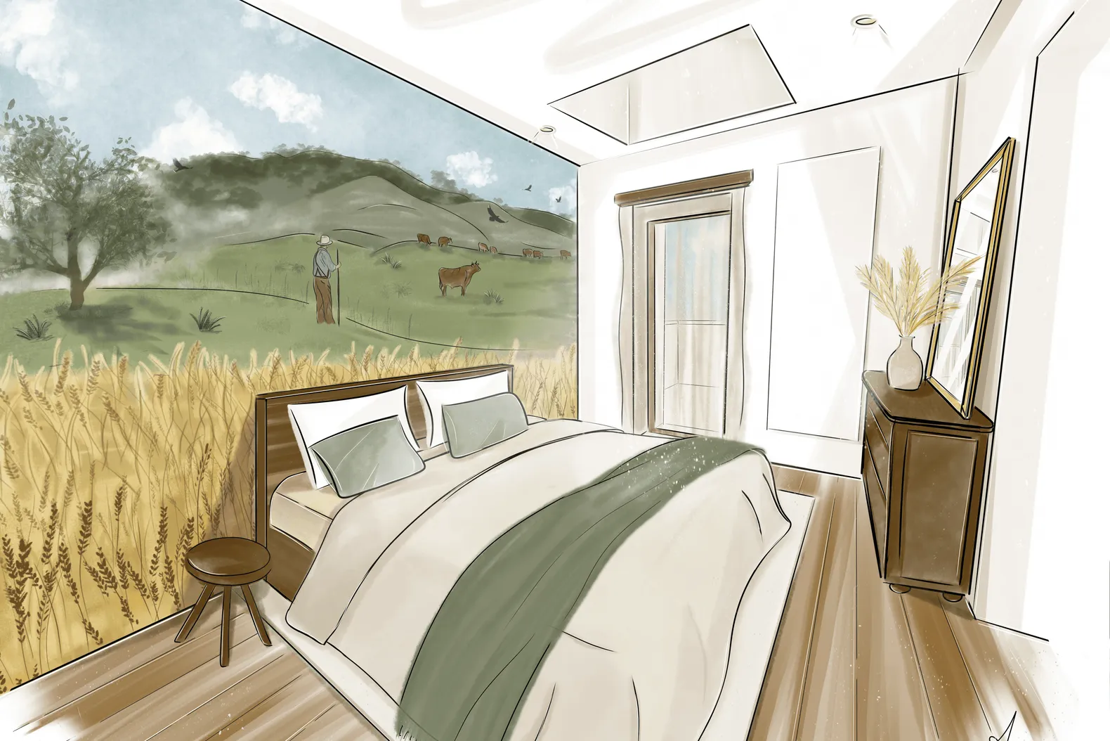 Chambre à coucher avec un lit, une table de chevet, un meuble avec un vase de fleurs et une grande fresque murale représentant un paysage rural avec un berger et des vaches