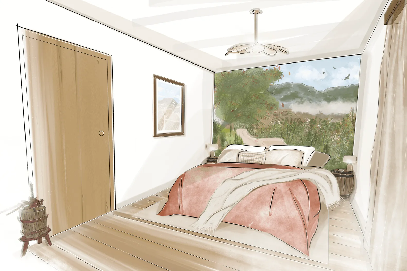 Chambre avec un lit recouvert d'une couverture rose et d'un plaid blanc, vue sur un paysage de campagne à travers une grande fenêtre