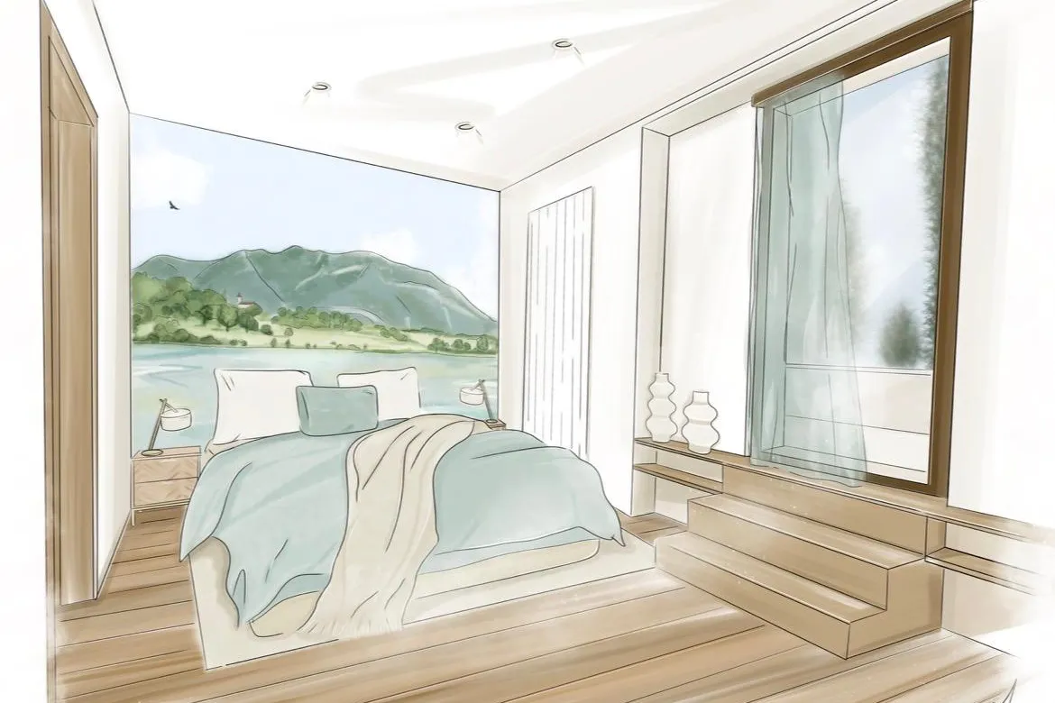 Chambre avec un lit face à une grande fenêtre offrant une vue sur un paysage montagneux et lacustre