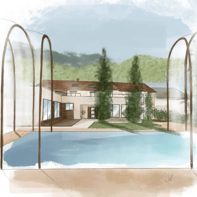 Maison moderne avec piscine entourée de trois arches, située dans un paysage verdoyant avec des collines en arrière-plan