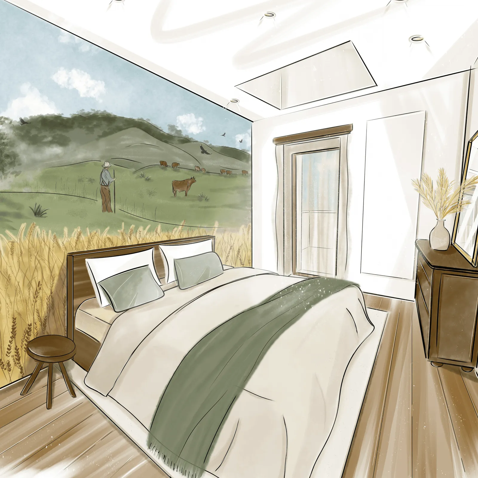 Chambre à coucher avec un lit, une table de chevet, un meuble avec un vase de fleurs et une grande fresque murale représentant un paysage rural avec un berger et des vaches