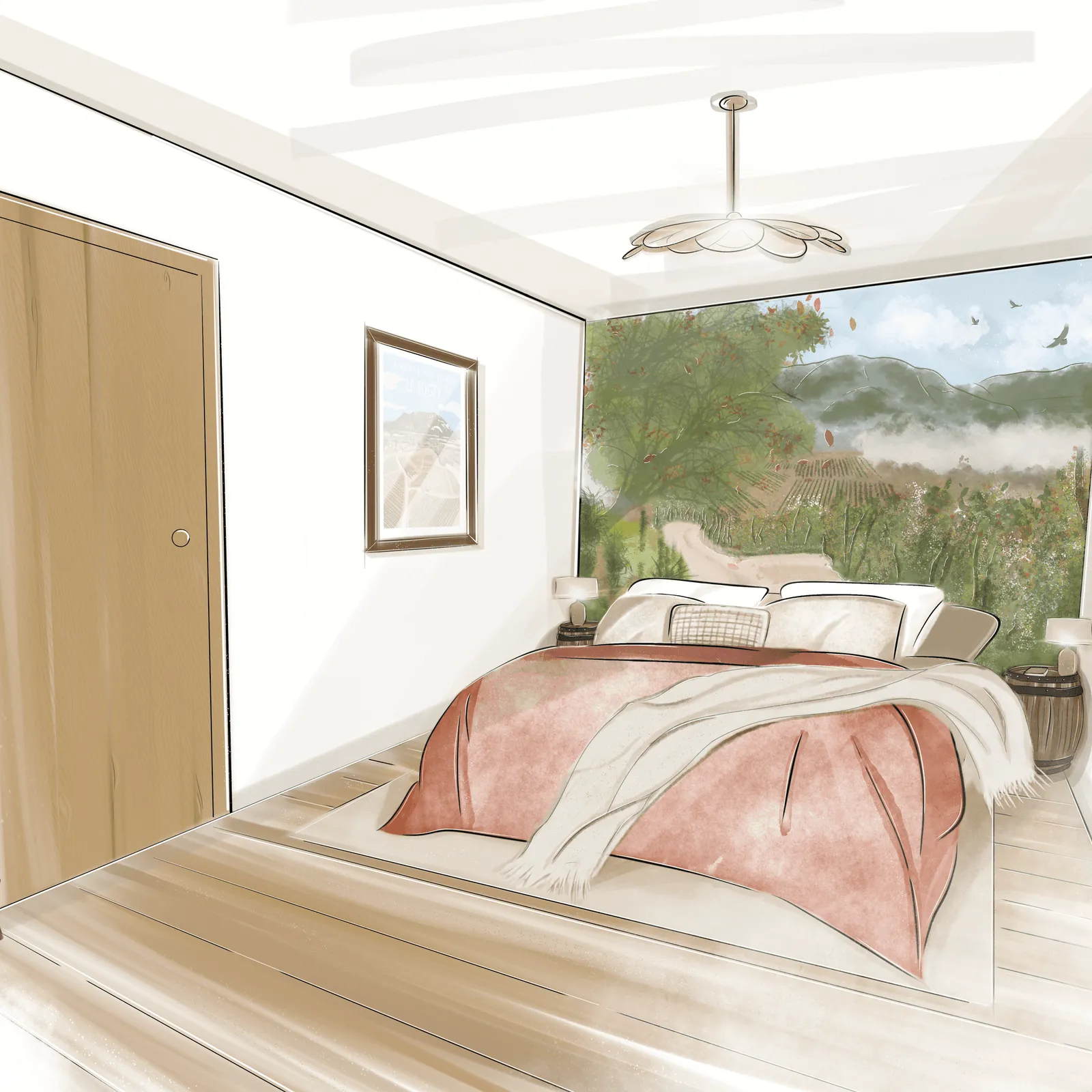 Chambre avec un lit recouvert d'une couverture rose et d'un plaid blanc, vue sur un paysage de campagne à travers une grande fenêtre