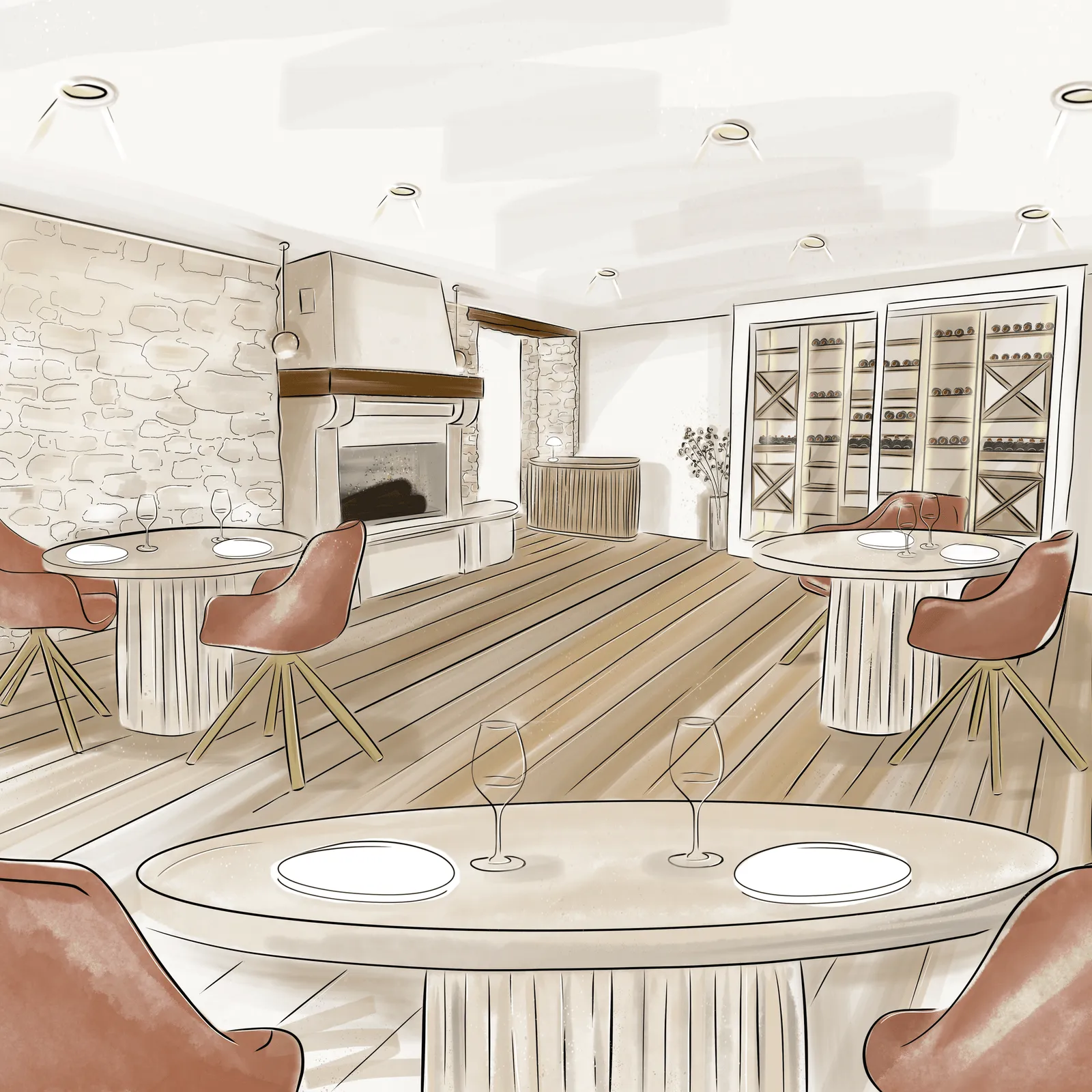 Salle à manger avec tables rondes, chaises en cuir et cheminée, décorée de motifs muraux et d'étagères vitrées