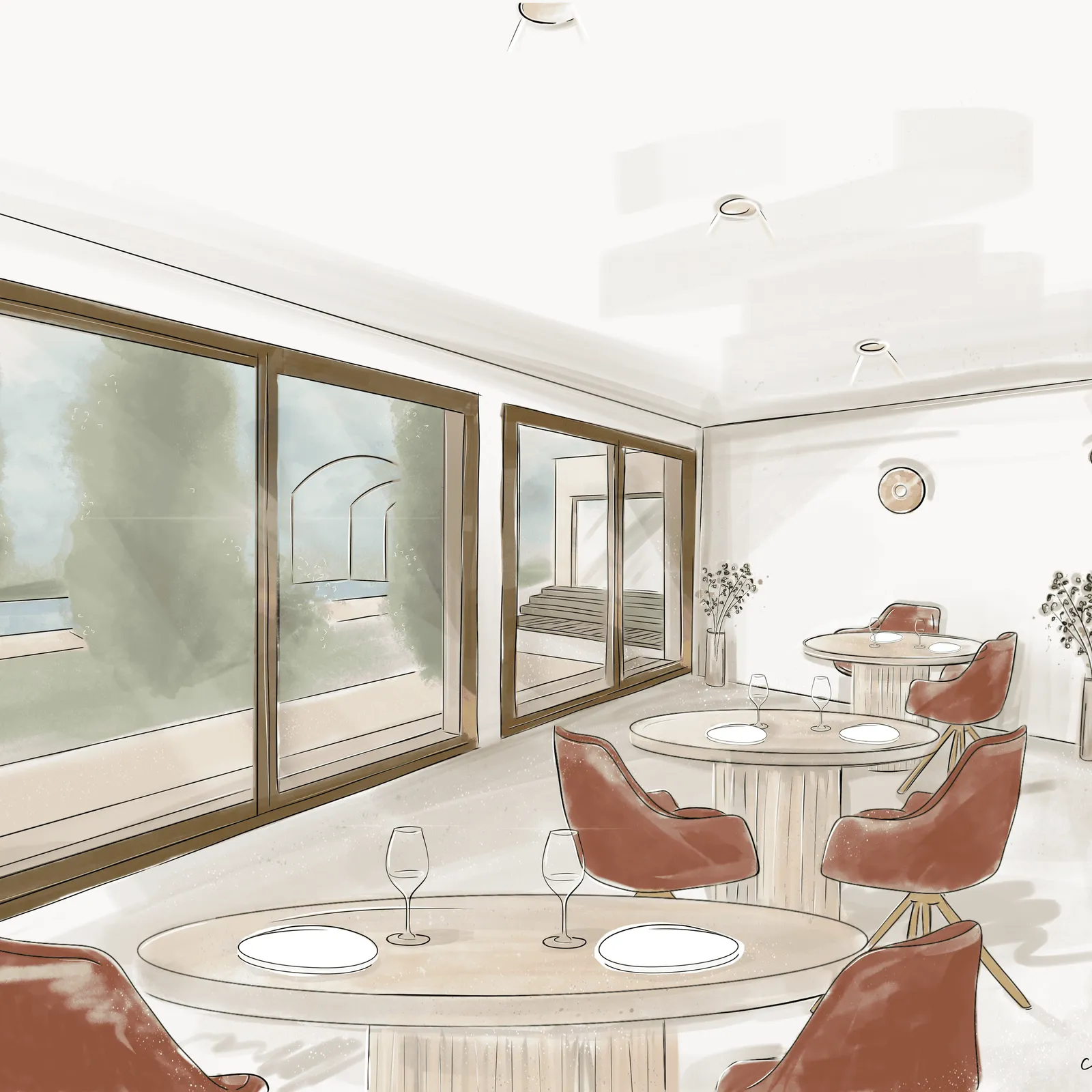 Salle à manger moderne avec une grande baie vitrée, une table ronde et des chaises en cuir rouge