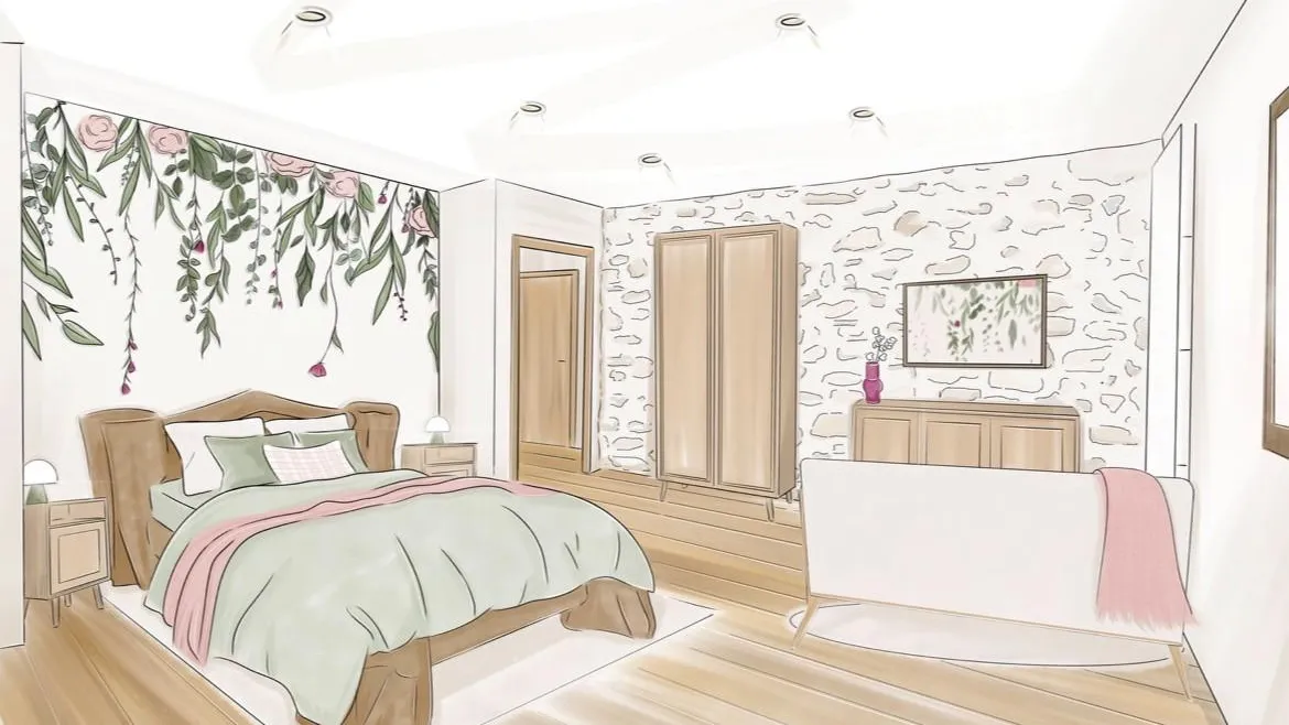 Chambre à coucher avec lit double, armoire, télévision et mur décoré de motifs floraux et de nuages