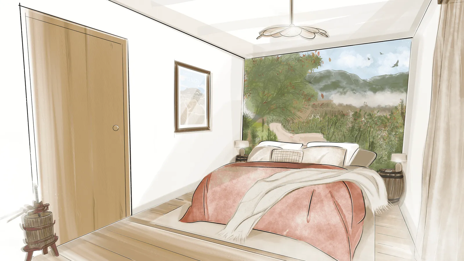 Chambre avec un lit recouvert d'une couverture rose et d'un plaid blanc, vue sur un paysage de campagne à travers une grande fenêtre