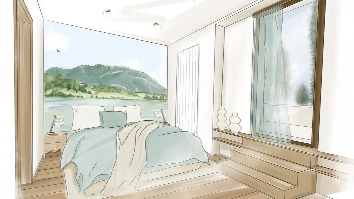 Chambre avec un lit face à une grande fenêtre offrant une vue sur un paysage montagneux et lacustre