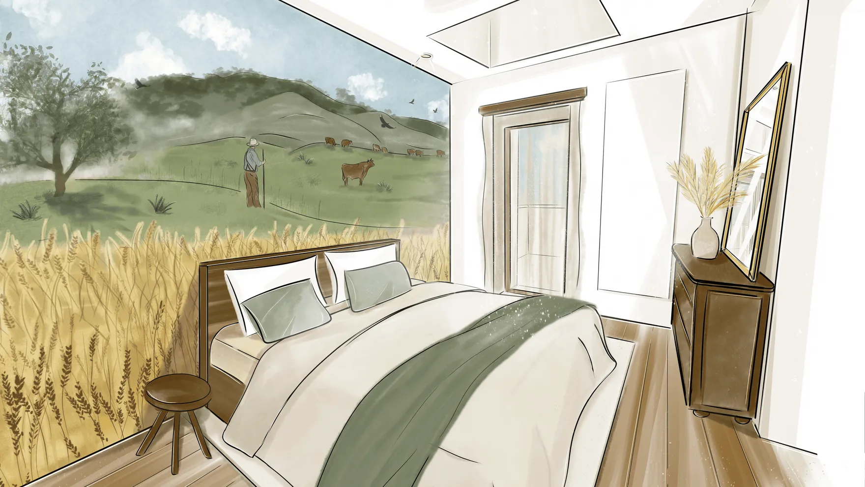 Chambre à coucher avec un lit, une table de chevet, un meuble avec un vase de fleurs et une grande fresque murale représentant un paysage rural avec un berger et des vaches