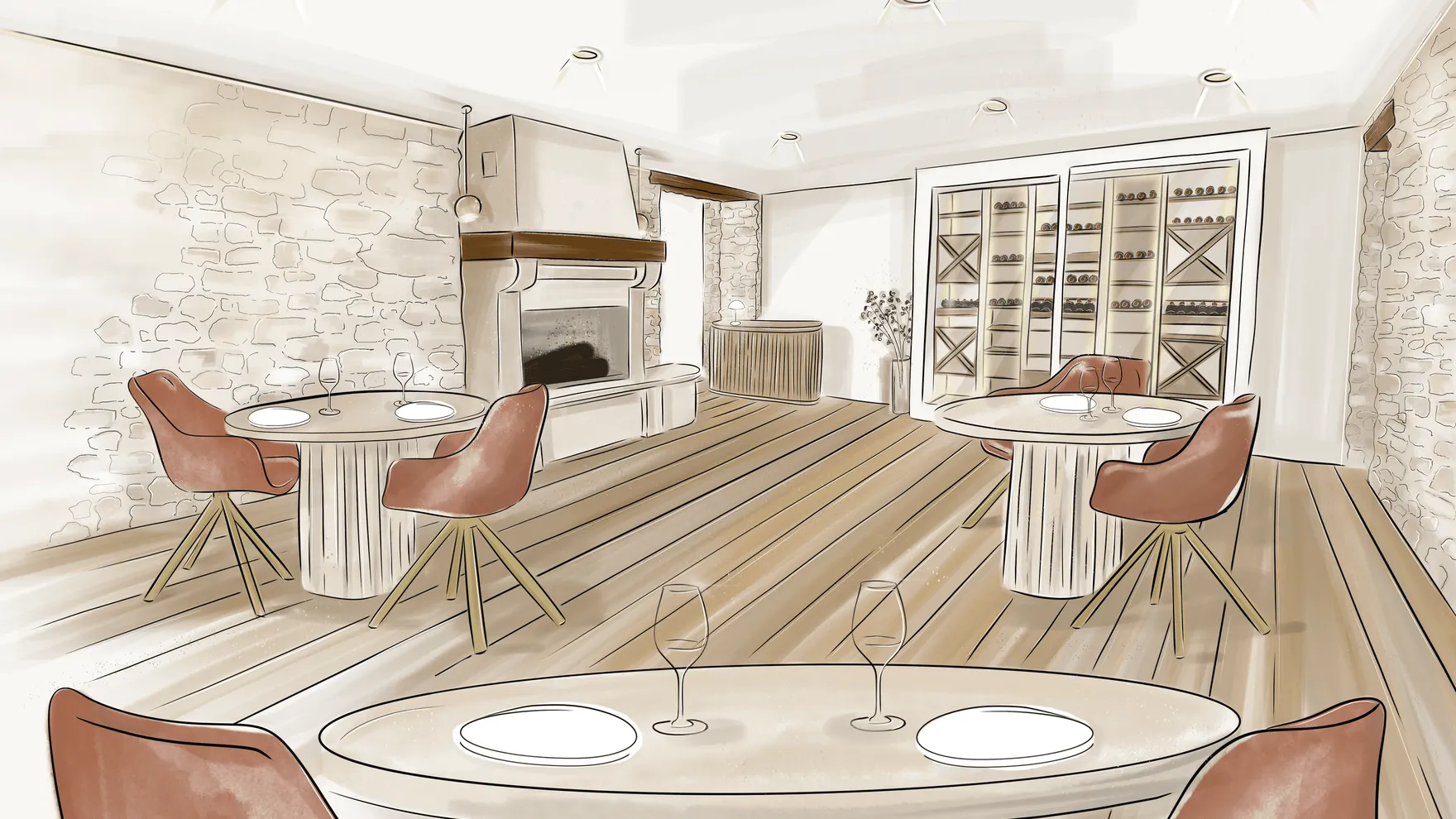 Salle à manger avec tables rondes, chaises en cuir et cheminée, décorée de motifs muraux et d'étagères vitrées