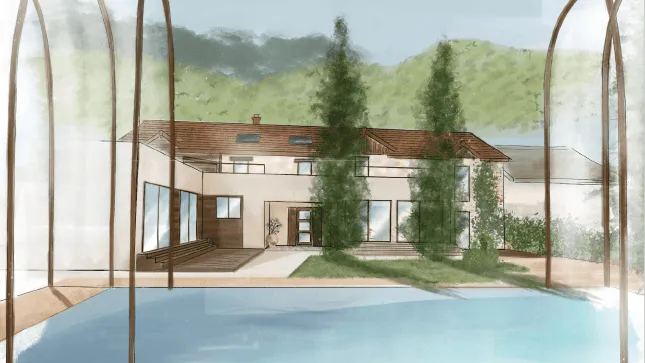 Maison moderne avec piscine entourée de trois arches, située dans un paysage verdoyant avec des collines en arrière-plan