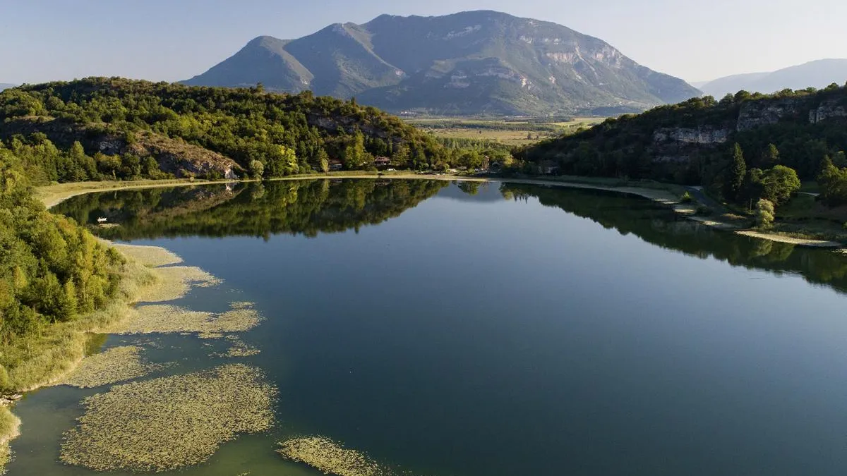 Un lac calme entouré de végétation reflète les montagnes et les collines boisées sous un ciel bleu clair