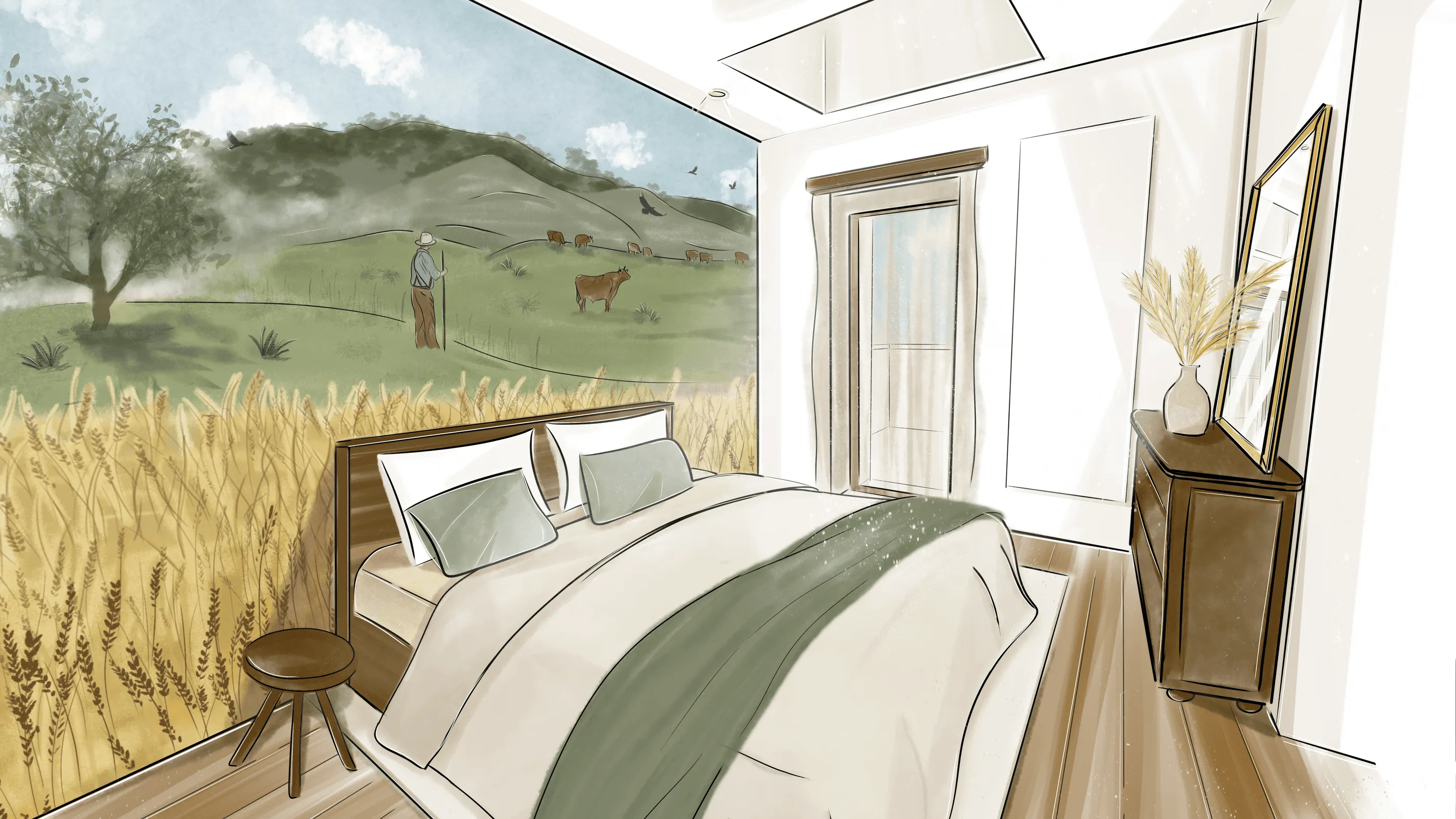 Chambre à coucher avec un lit, une table de chevet, un meuble avec un vase de fleurs et une grande fresque murale représentant un paysage rural avec un berger et des vaches
