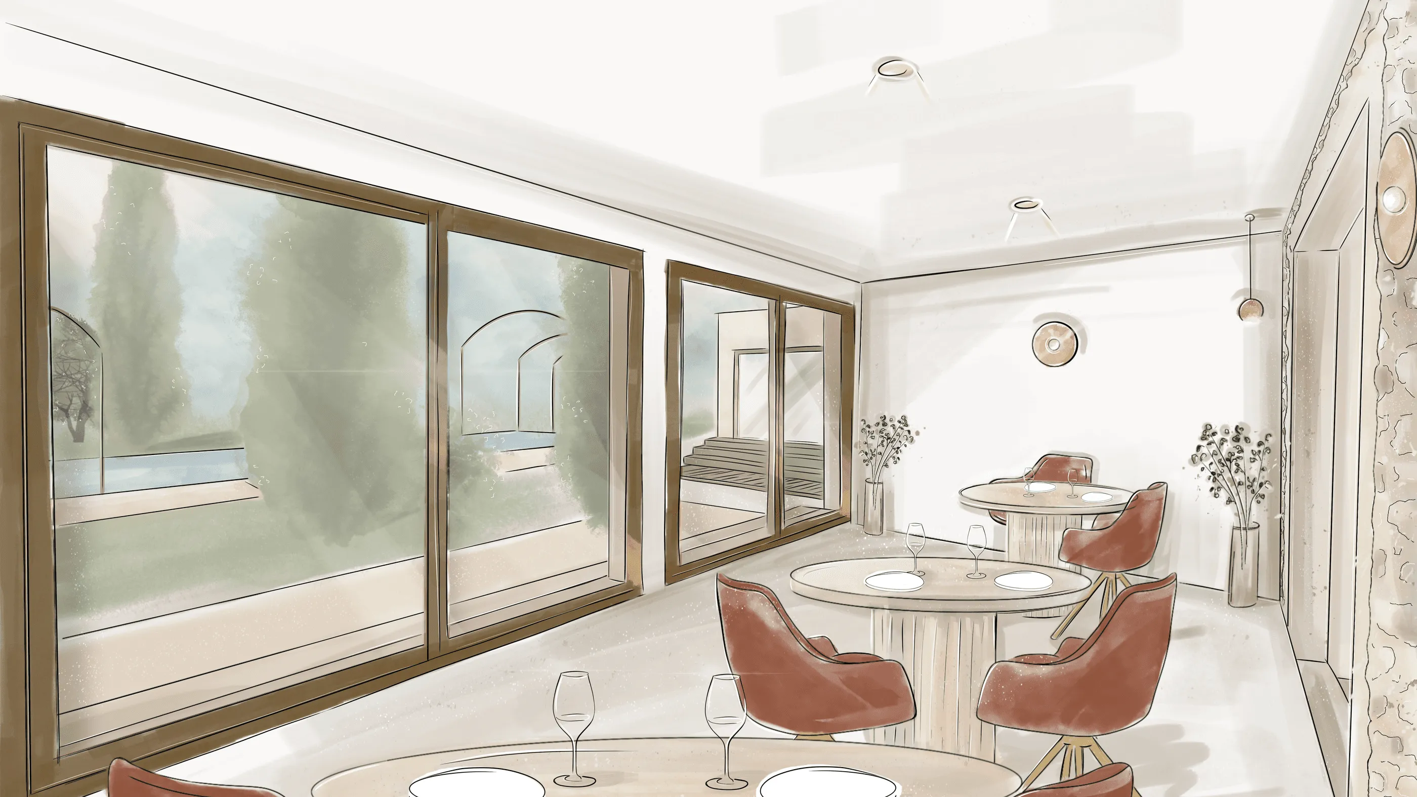 Salle à manger moderne avec une grande baie vitrée, une table ronde et des chaises en cuir rouge